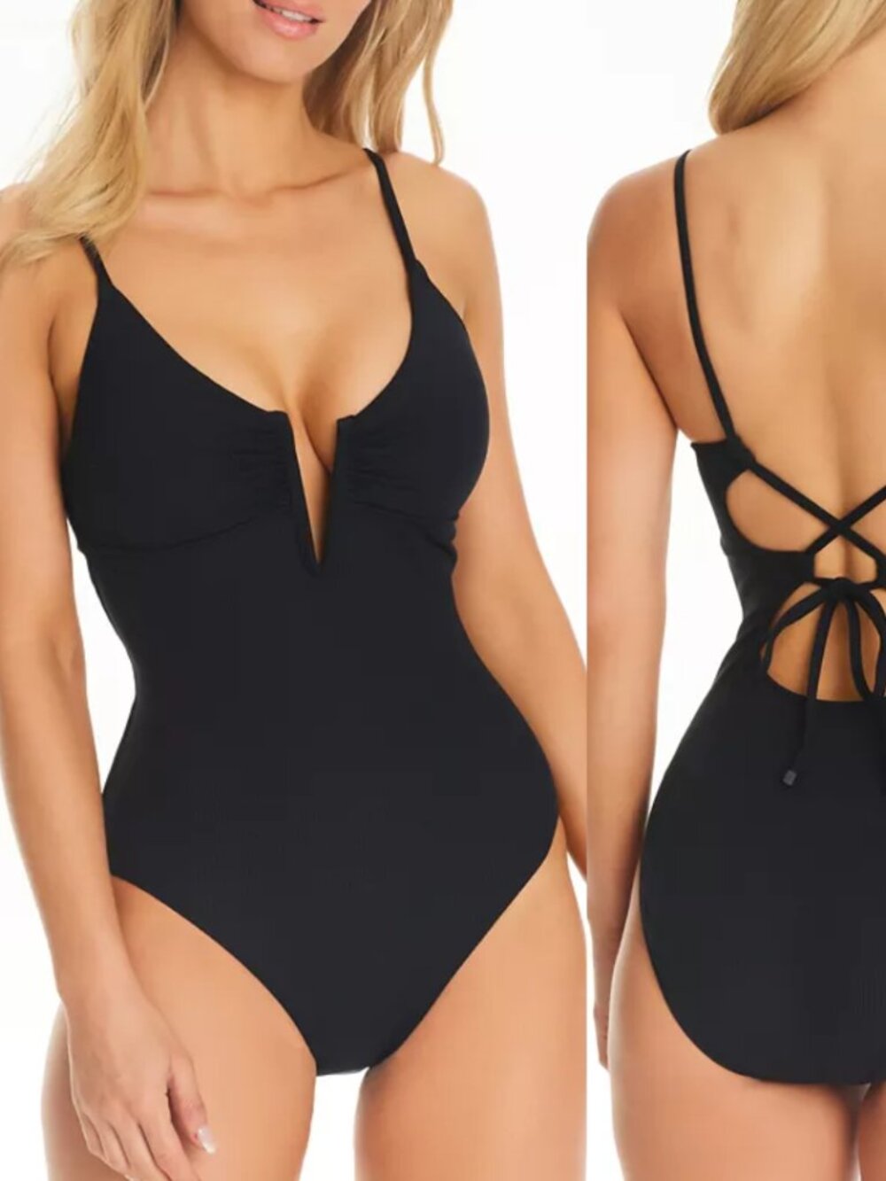 Bar III Ribbed Lace-Back Swimsuit Black NWT Sz XL